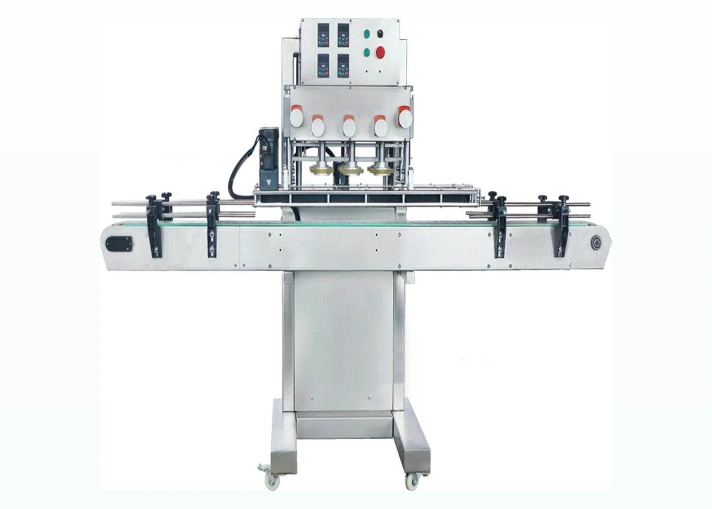 Capping machine with a conveyor, bottle guide belts and control panel.