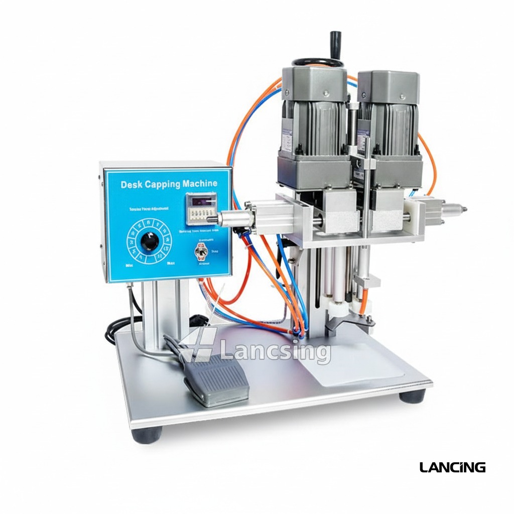 Bench capping machine with upright motors, bottle supports, control panel and foot pedal.