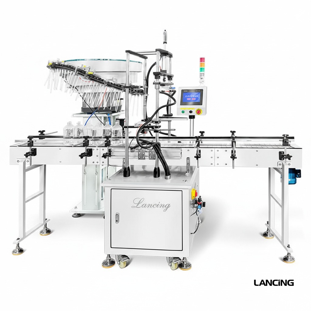 Closure-feeding equipment with a feeder bowl and bottle conveyor.